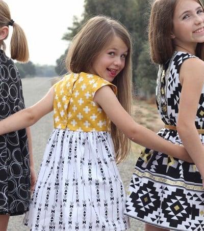 Three girls dress styles for Fall with the Four Corners fabric line!