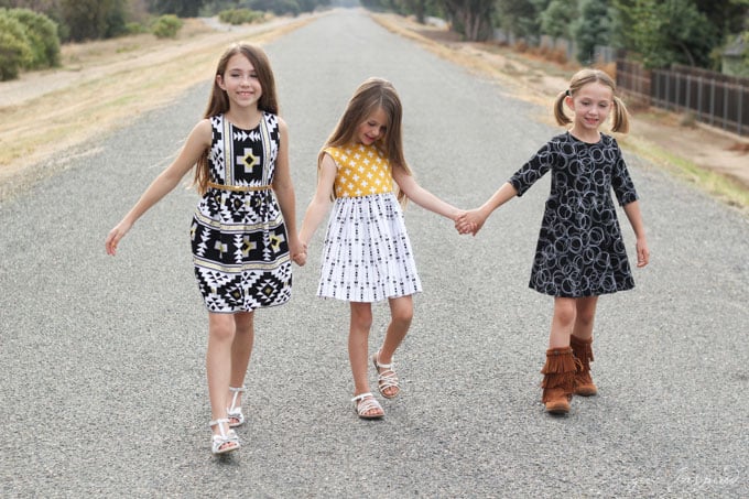 Three girls dress styles for Fall with the Four Corners fabric line! 