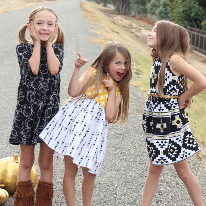 Three girls dress styles for Fall with the Four Corners fabric line! 