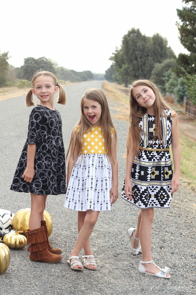 Three girls dress styles for Fall with the Four Corners fabric line! 