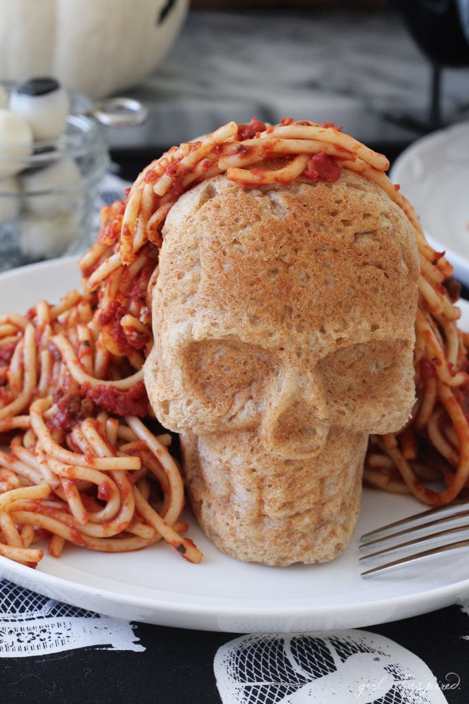 Homemade Spaghetti with a Skull Bun - Trick or Treat?