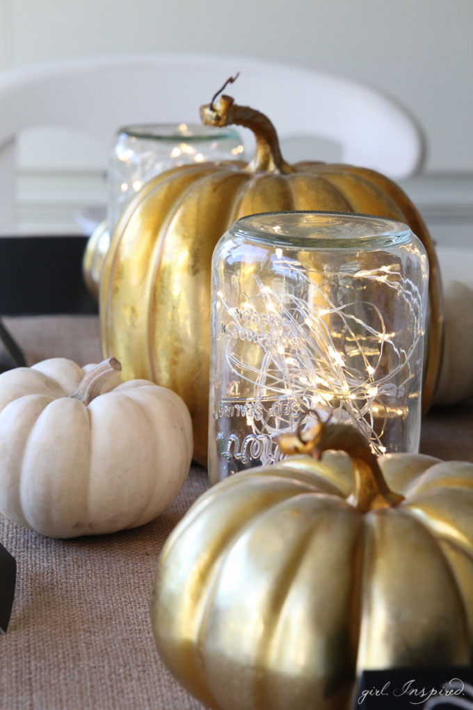 These simple Mason Jar Luminaries are easy to put together and add a warm, sparkle to your Thanksgiving table.