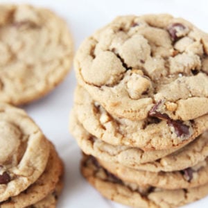 stacked penaut butter chocolate chip cookies