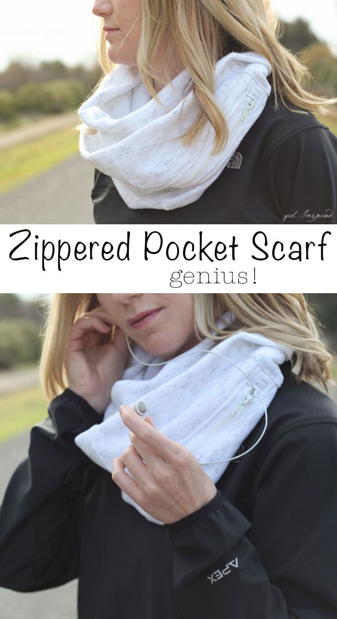 Zippered Pocket Scarf - Sew up this EASY scarf with a zippered pocket perfect for stashing your phone, ID, and house key! So great for walks, jogging, even a day trip where you want your hands free!