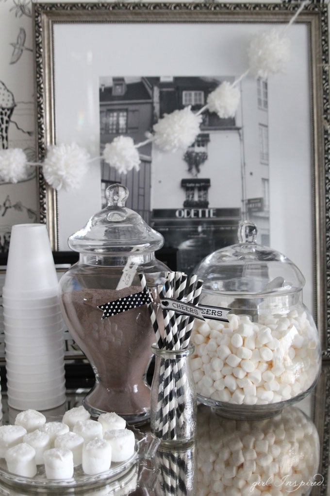 Use Yarn Pom Pom garland to decorate for a hot cocoa bar or party!