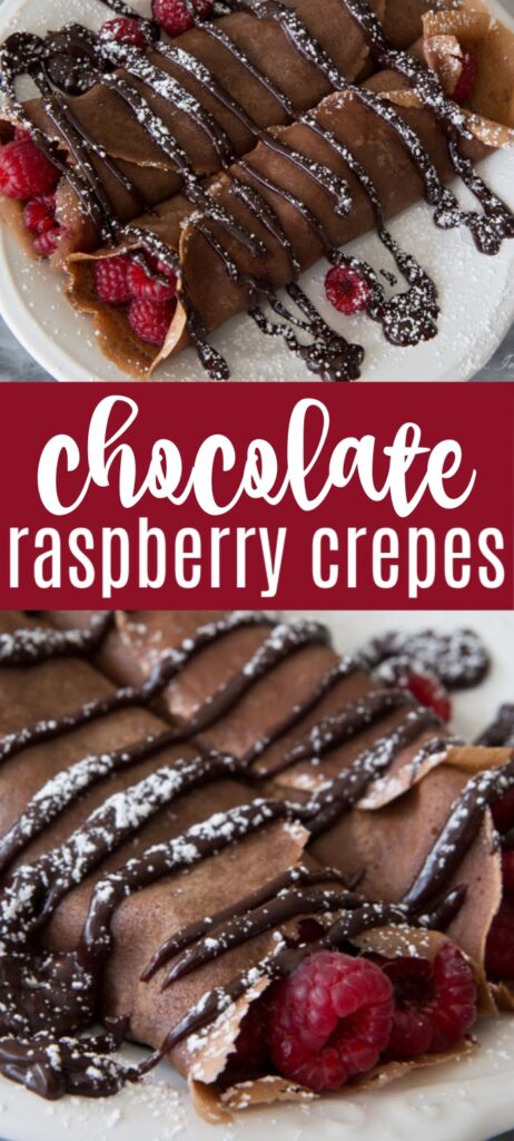 two chocolate crepes wrapped with raspberries inside and chocolate drizzle + powdered sugar drizzled over the top with text overlay