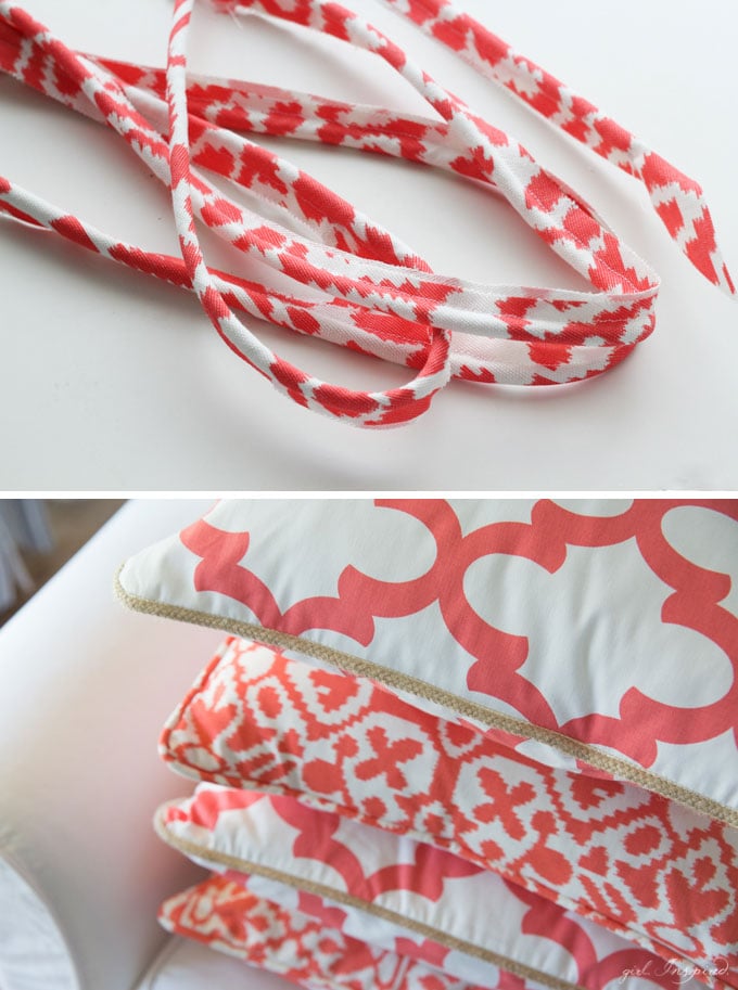 photo collage of custom coral and white strip of piping and stack of pillows with piping sewn in