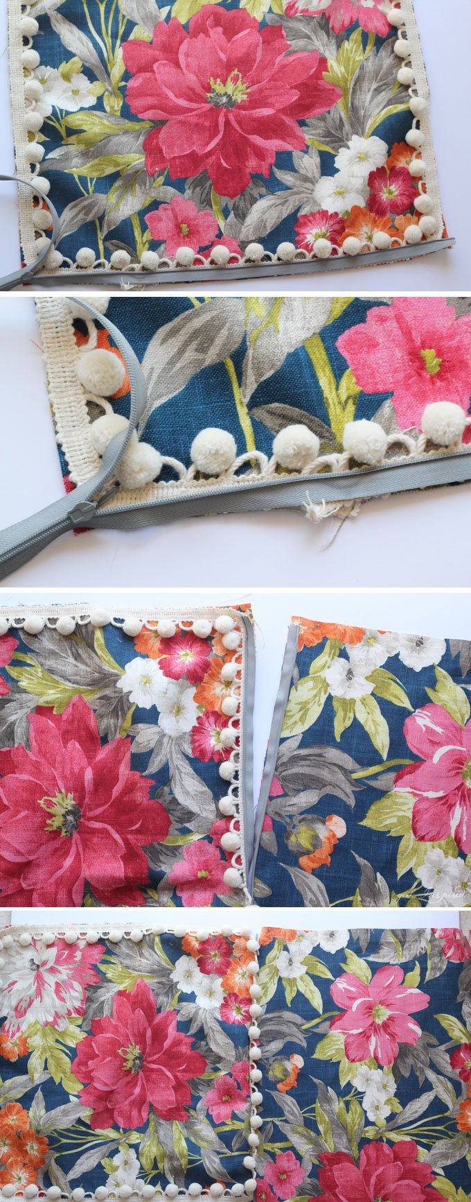 photo collage of step by step sewing a zipper into blue floral pillow cover