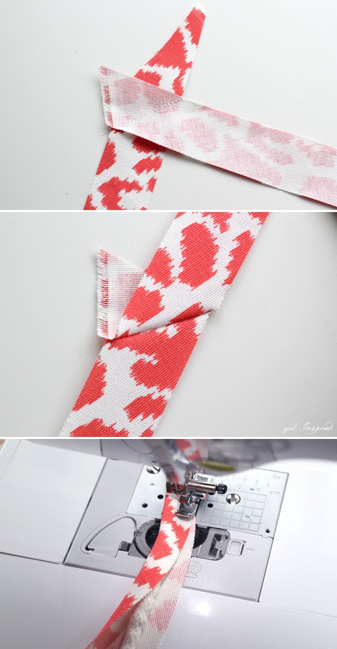 photo collage of strips of coral and white fabric sewn together to make custom piping