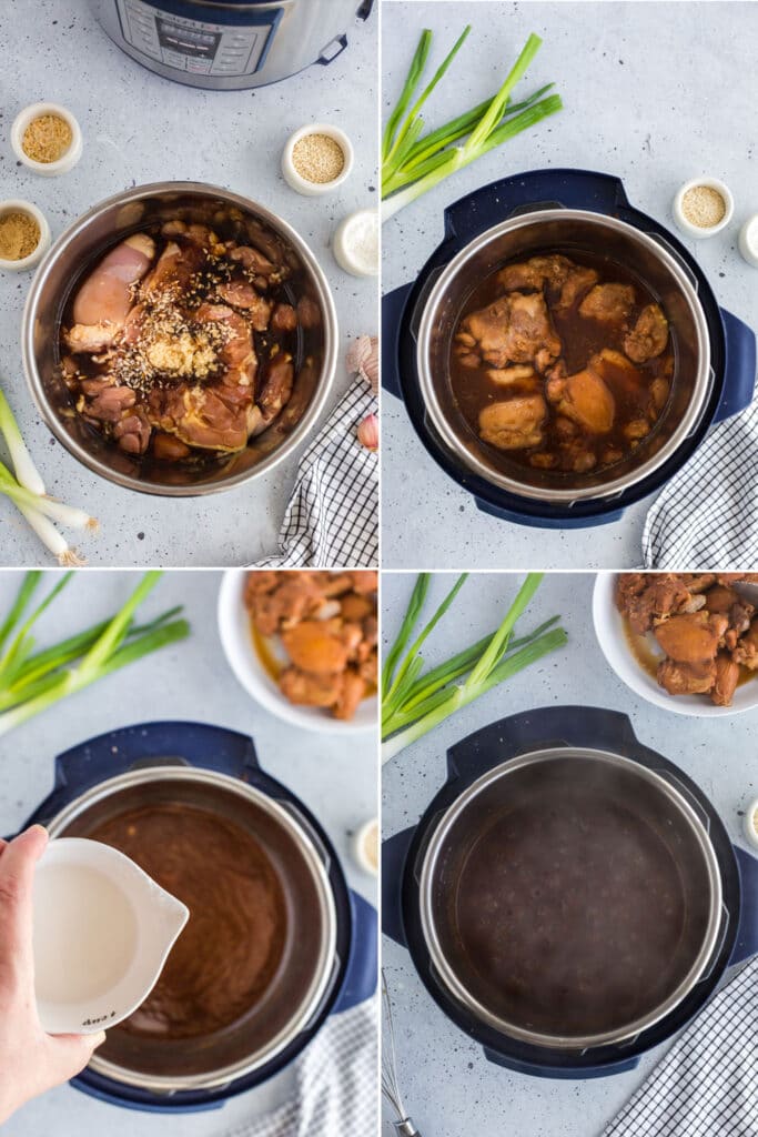 4 photo collage showing teriyaki chicken ingredients in instant pot, cooked chicken, pouring cornstarch into instant pot, and bubbling sauce in instant pot
