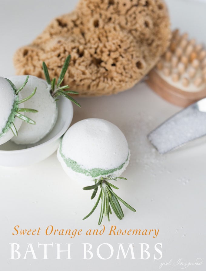 These DIY Sweet Orange and Rosemary bath bombs are so much fun to make and provide an indulgent refreshing and brightening bath experience.