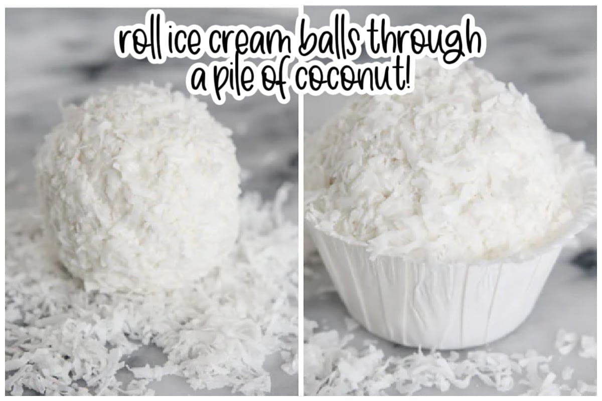 Ice cream ball coated in shredded coated on counter with coconut pieces.