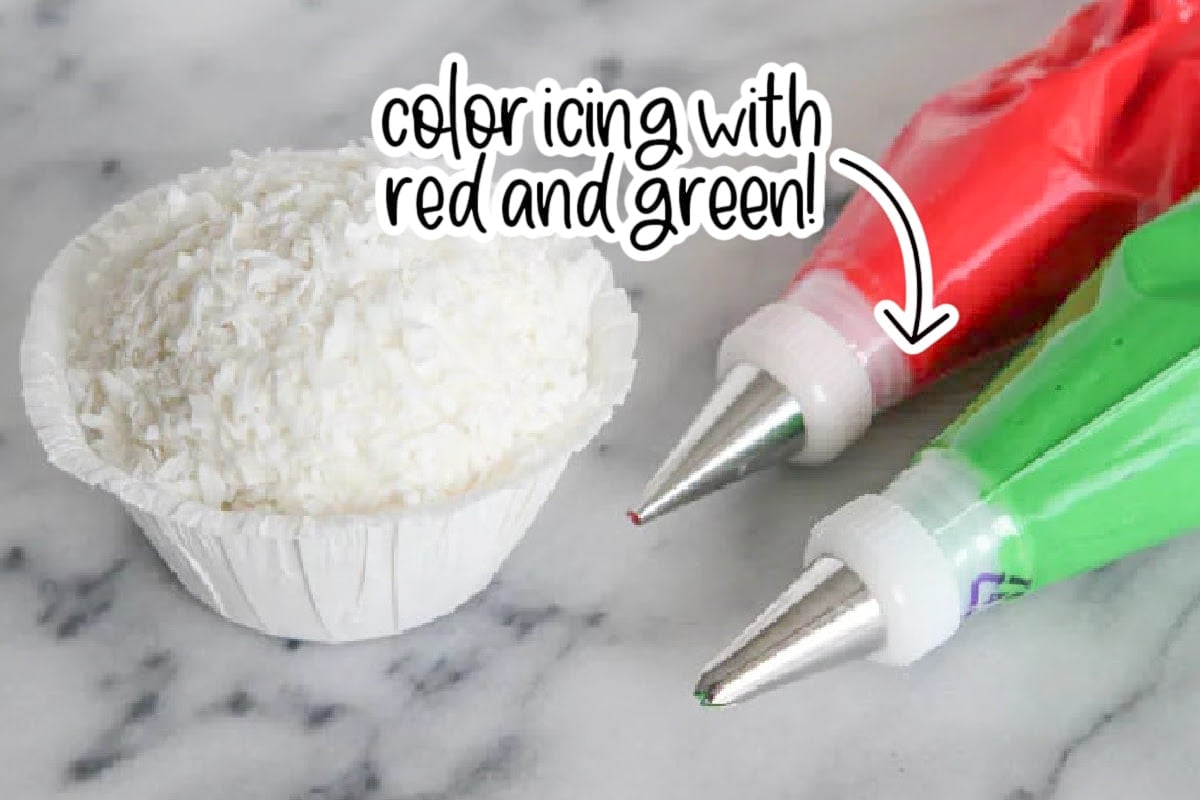 Snowball ice cream with two bags of red and green icing and text overlay "color icing with red and green."