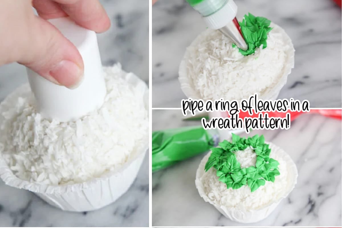 Cap pressed into ice cream snowball and piping green leaves around marked circle to form wreath.