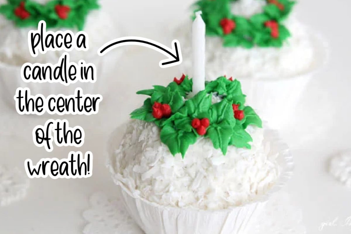 Candle in the center of the wreath on the ice cream snowball with text "place candle in the center of the wreath."