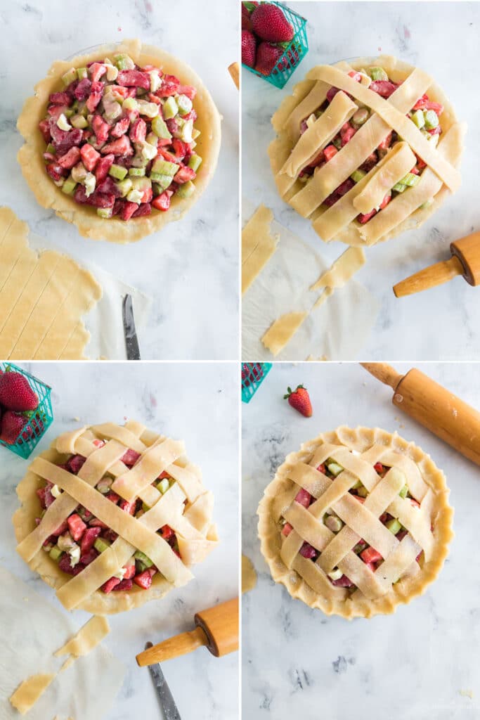 photo collage showing steps of lining strips of pie crust across the top of a strawberry rhubarb pie to make a basket weave top, rolling pin and knife also present.