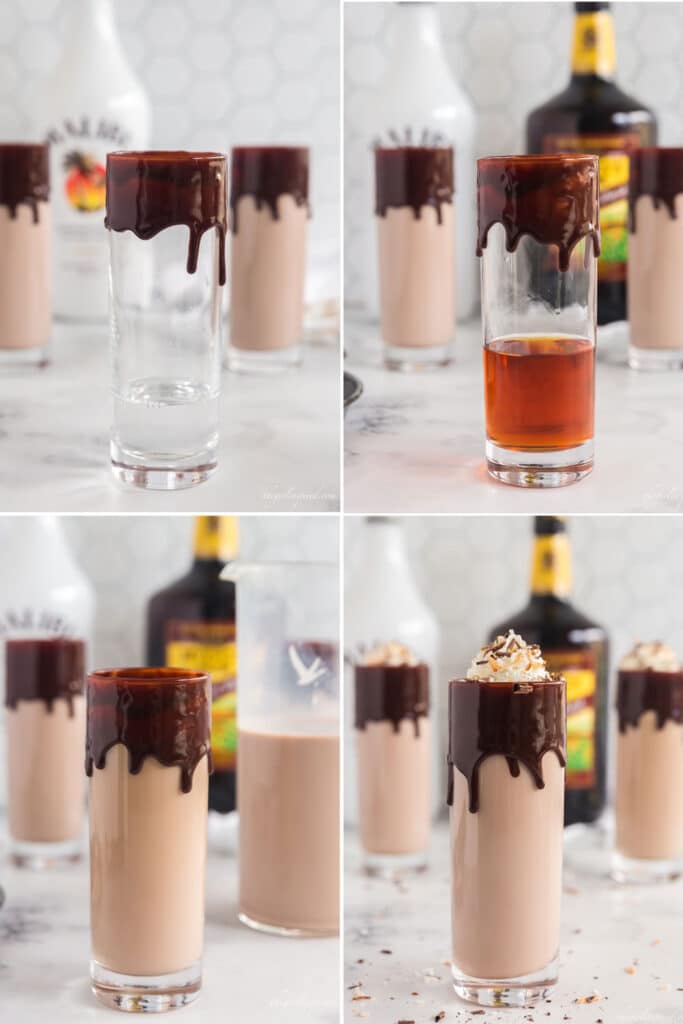 step by step photos showing how to make a coconut rum drink with glass of clear liquor, then dark rum added, then chocolate milk added, then whipped cream topping.