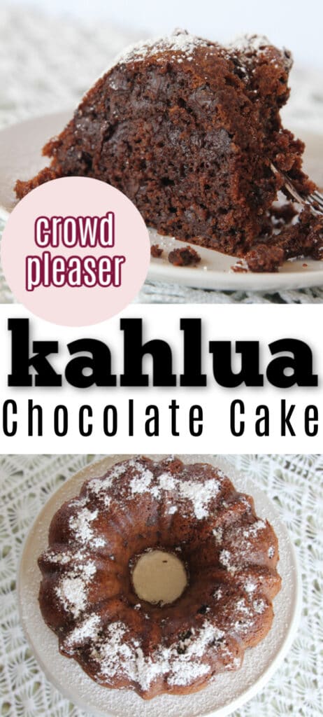chocolate Kahlua Cake on white plate with white table linen and text overlay