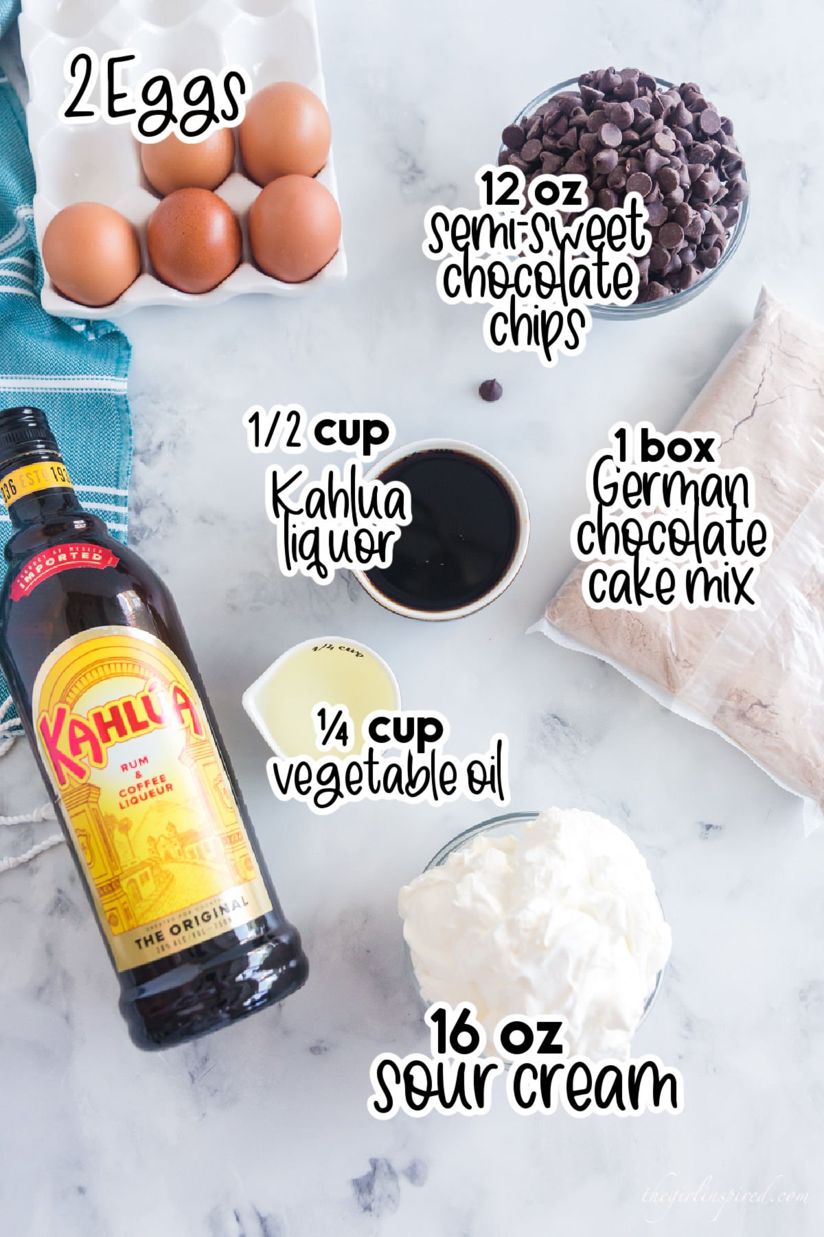 Individual ingredients for Kahlua cake, with text labels.
