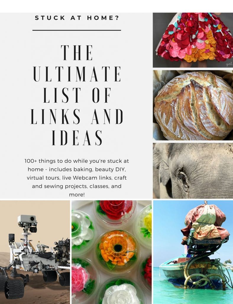 photo collage with bright multi-colored dress, bread loaf, elephant face, boat on water, gelatin flowers, and MARS robot with text