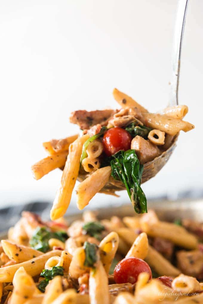 penne pasta with sun-dried tomatoes, chicken, and spinach scooped in a ladle