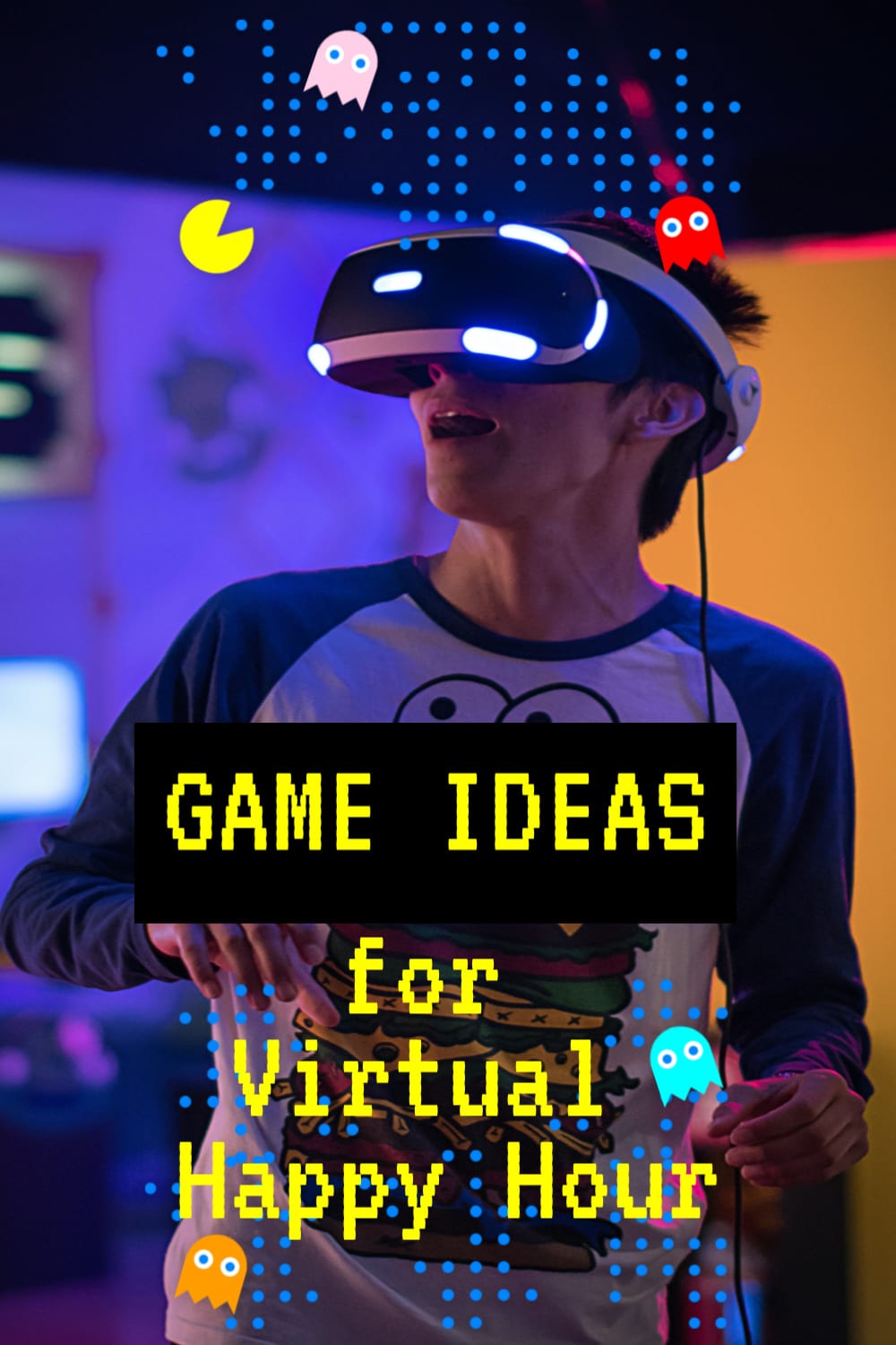 boy with virtual game goggles in dark room with text overlay