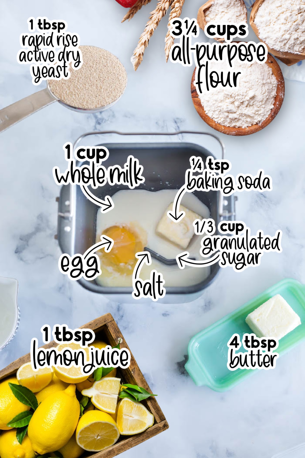 Individual ingredients for sweet dinner rolls with text labels.