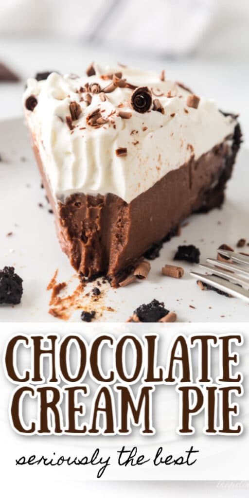 slice of chocolate cream pie on stack of white plates with one bite removed with text overlay