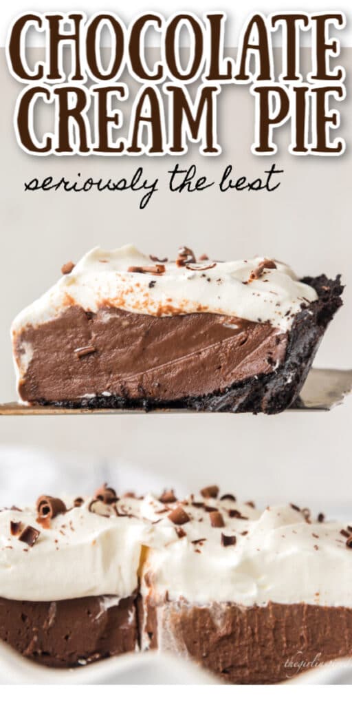 slice of chocolate cream pie on serving spatula above pie in white pie plate with text overlay