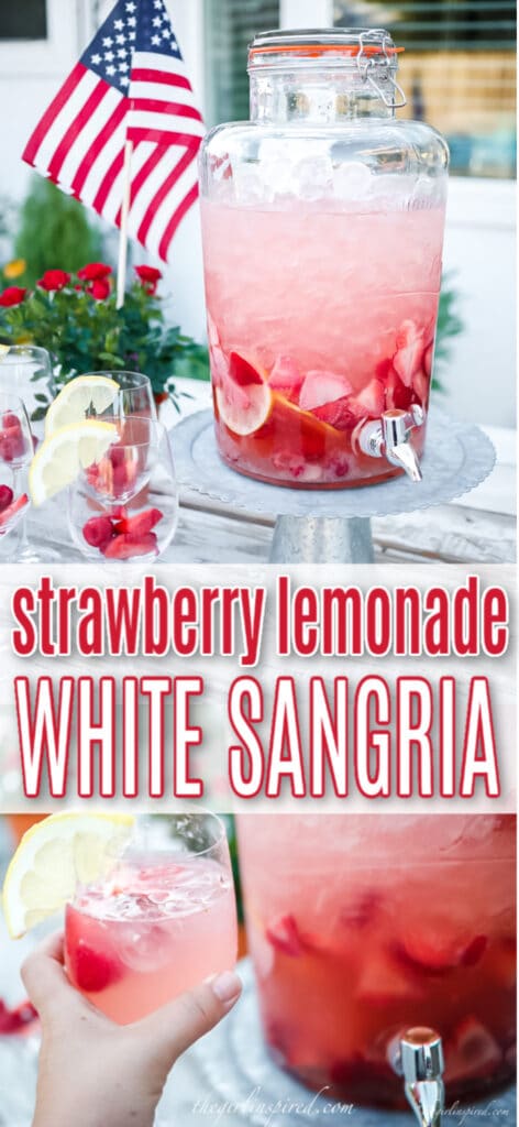 photo collage with text overlay showing strawberry sangria in large glass drink dispenser on pedestal stand, lemon wedges and fresh berries in wine glasses on table and American flag in the background and closeup of glass of sangria