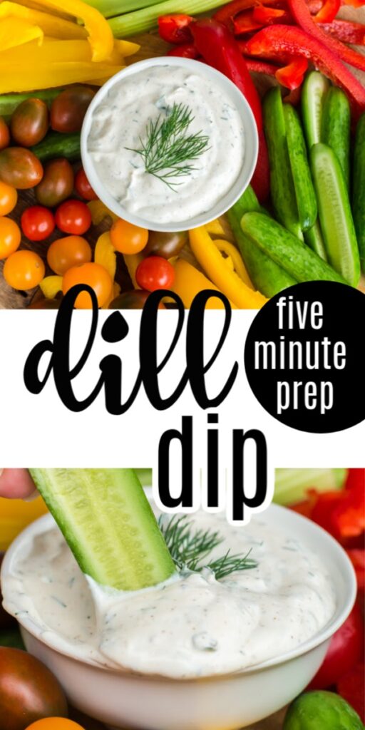 white bowl of dill dip with tomatoes, colored bell peppers, and celery on wooden cutting board, closeup of cucumber dipping in with text overlay