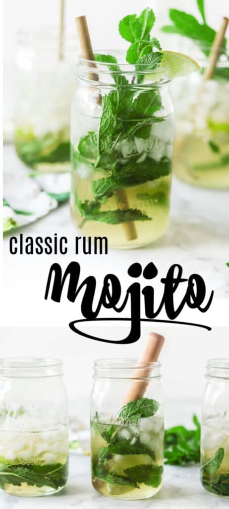 mint leaves and bamboo straw in mason jar mojito with text overlay