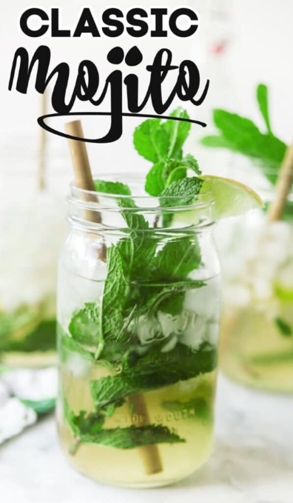 mint leaves and bamboo straw in mason jar mojito with text overlay