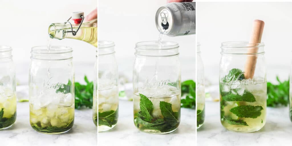 mint, lime, mason jars, and kitchen linens in collage showing step by step making of classic rum mojito