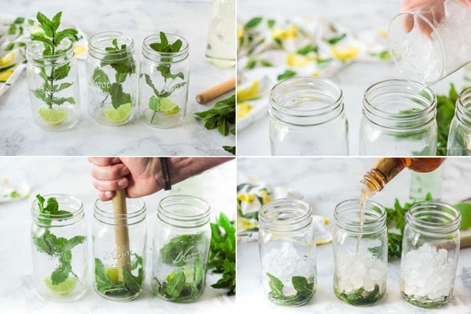 mint, lime, mason jars, and kitchen linens in collage showing step by step making of mojito recipe