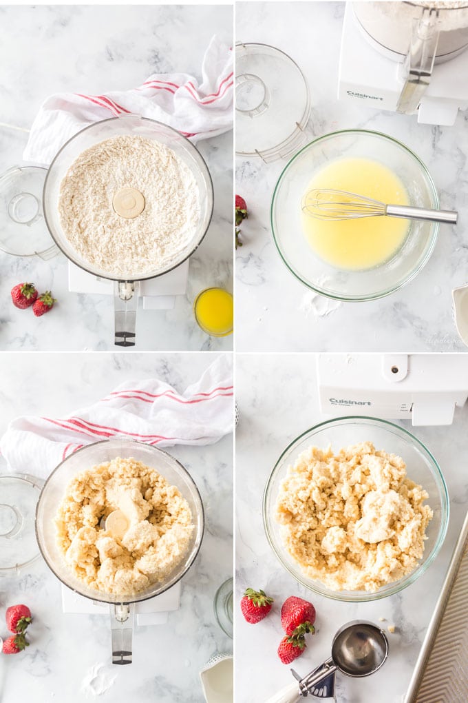 Photo collage showing dry biscuit ingredients in a food processor, wet ingredients in clear bowl with whisk, blended dough in food processor, and strawberry shortcake dough in bowl with scoop ready to be put onto baking pan