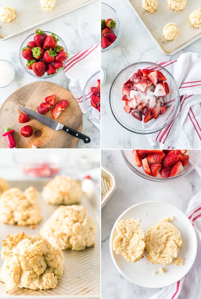 Photo collage of sliced strawberries and knife on cutting board, bowl of sliced strawberries with sugar, baking pan with baked strawberry shortcakes, and a biscuit sliced in half with red and white linen