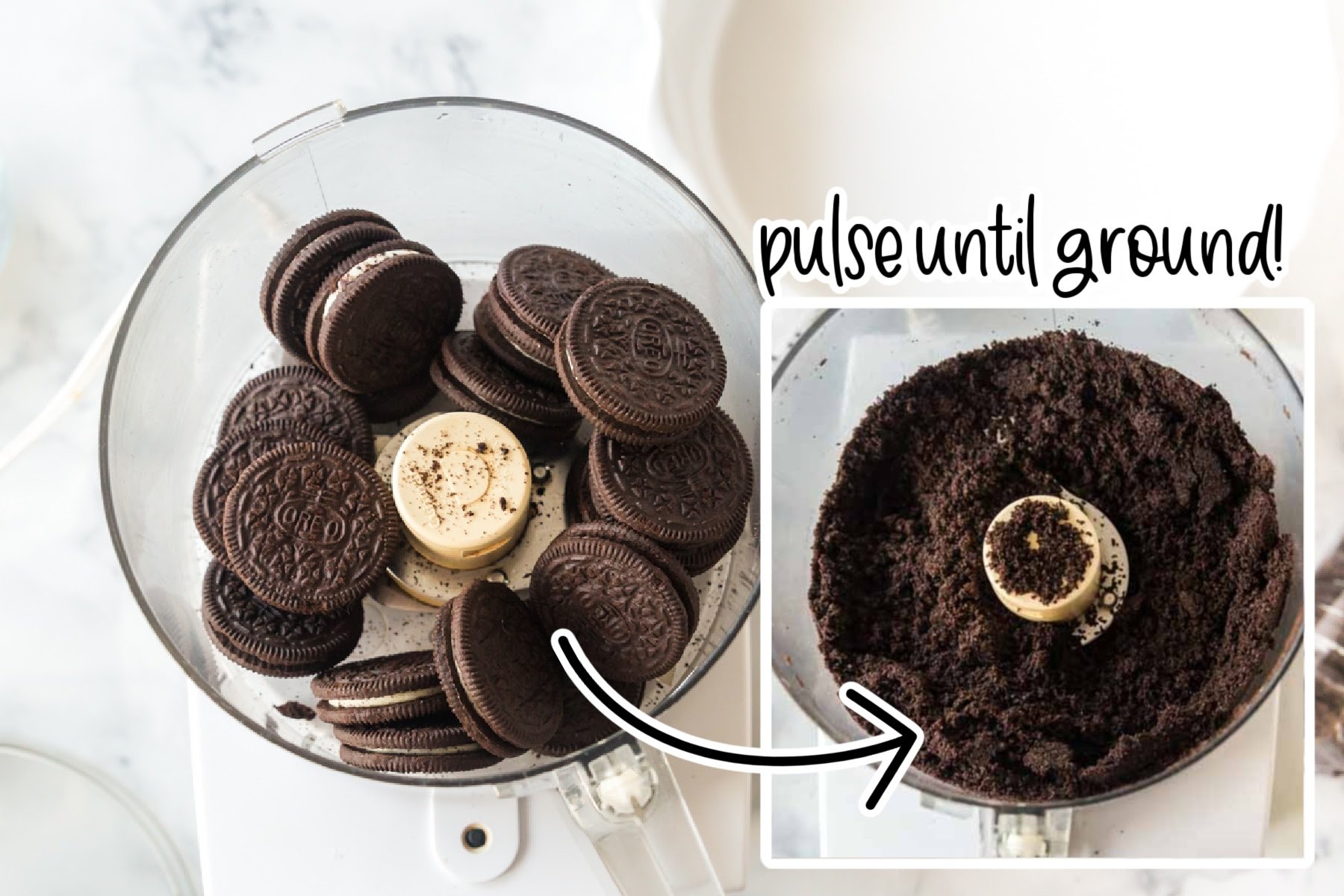 Oreo cookies in bowl of food processor and crushed to a powder in bowl of food processor with text "pulse until ground."