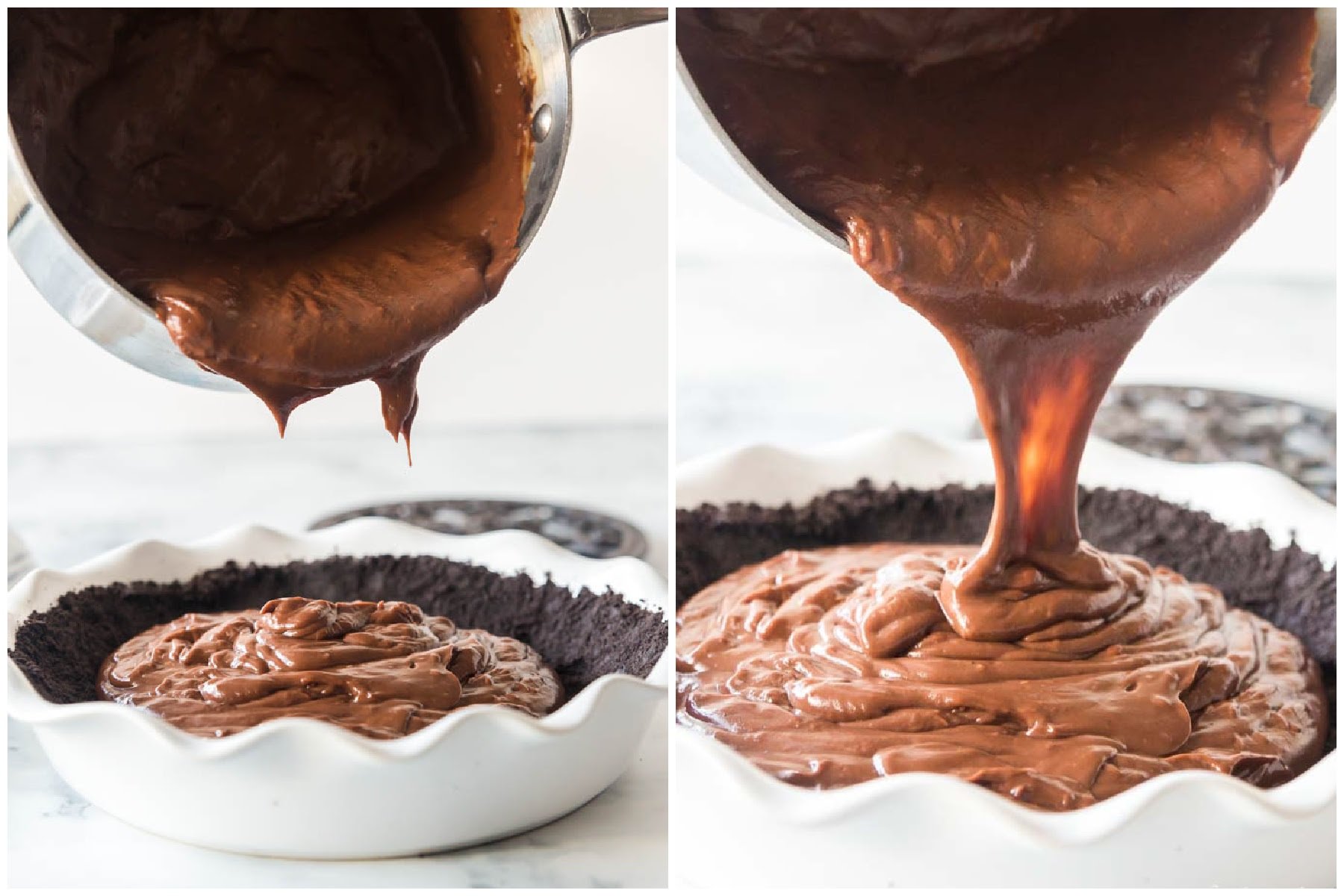 Pouring the chocolate cream pie mixture into the prepared Oreo cookie crust.