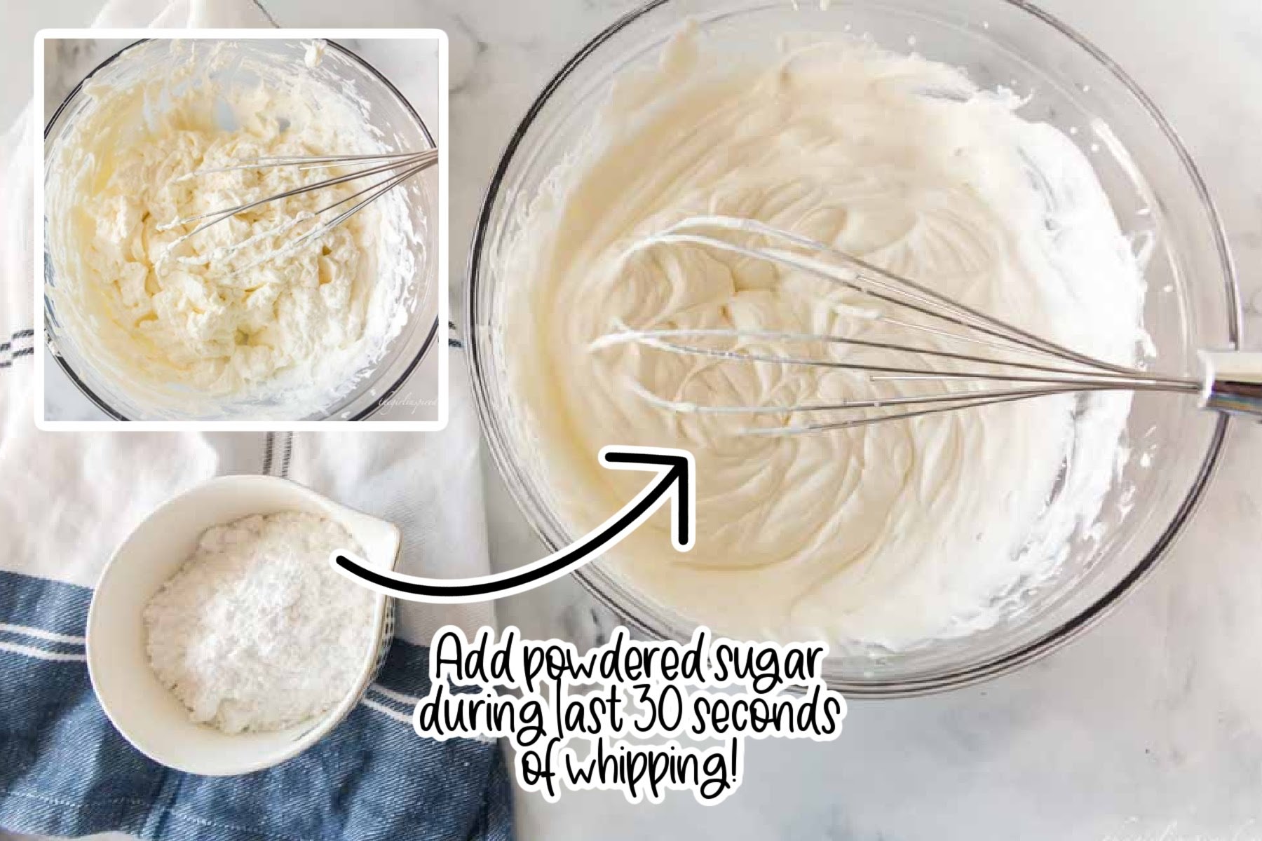 Whipping heavy cream and adding powdered sugar with text "add powdered sugar during last 30 seconds of whipping."