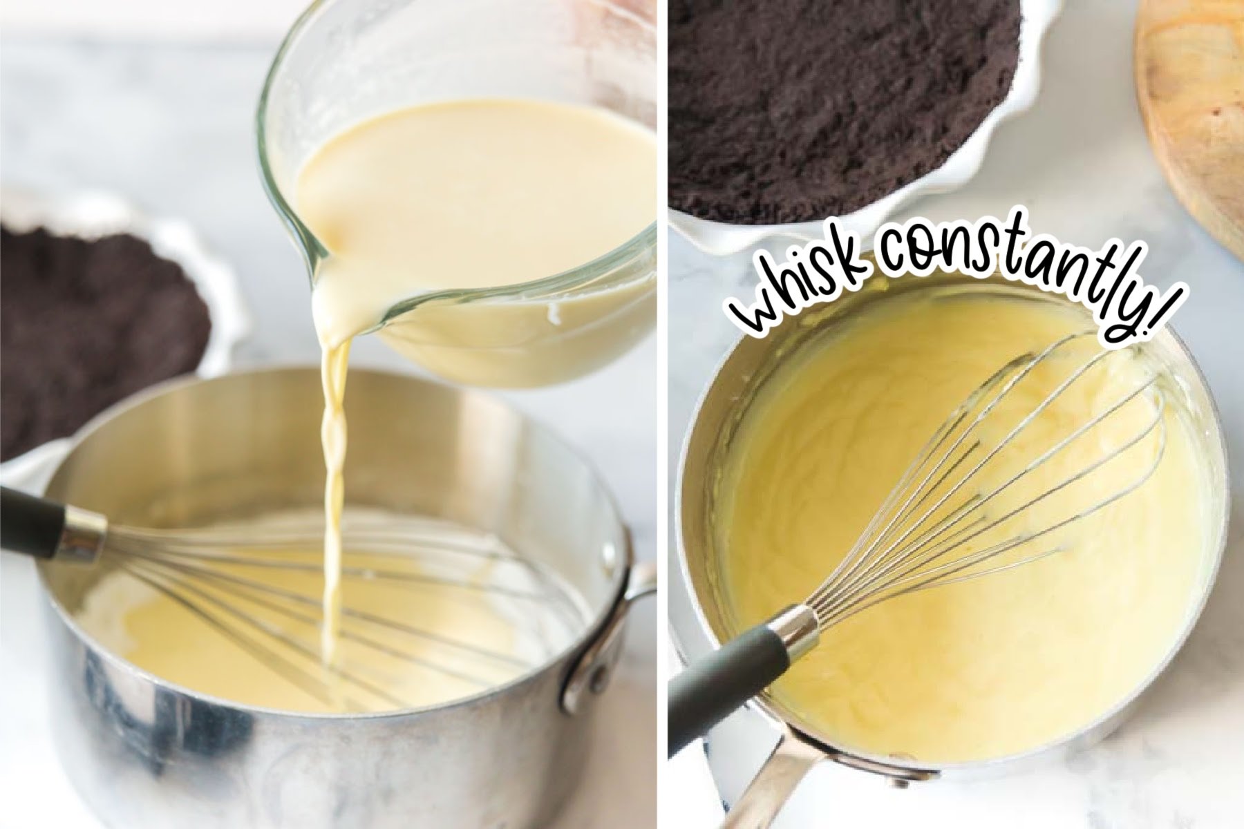 Pouring cream and egg mixture into saucepan and whisking the mixture with text "whisk constantly."