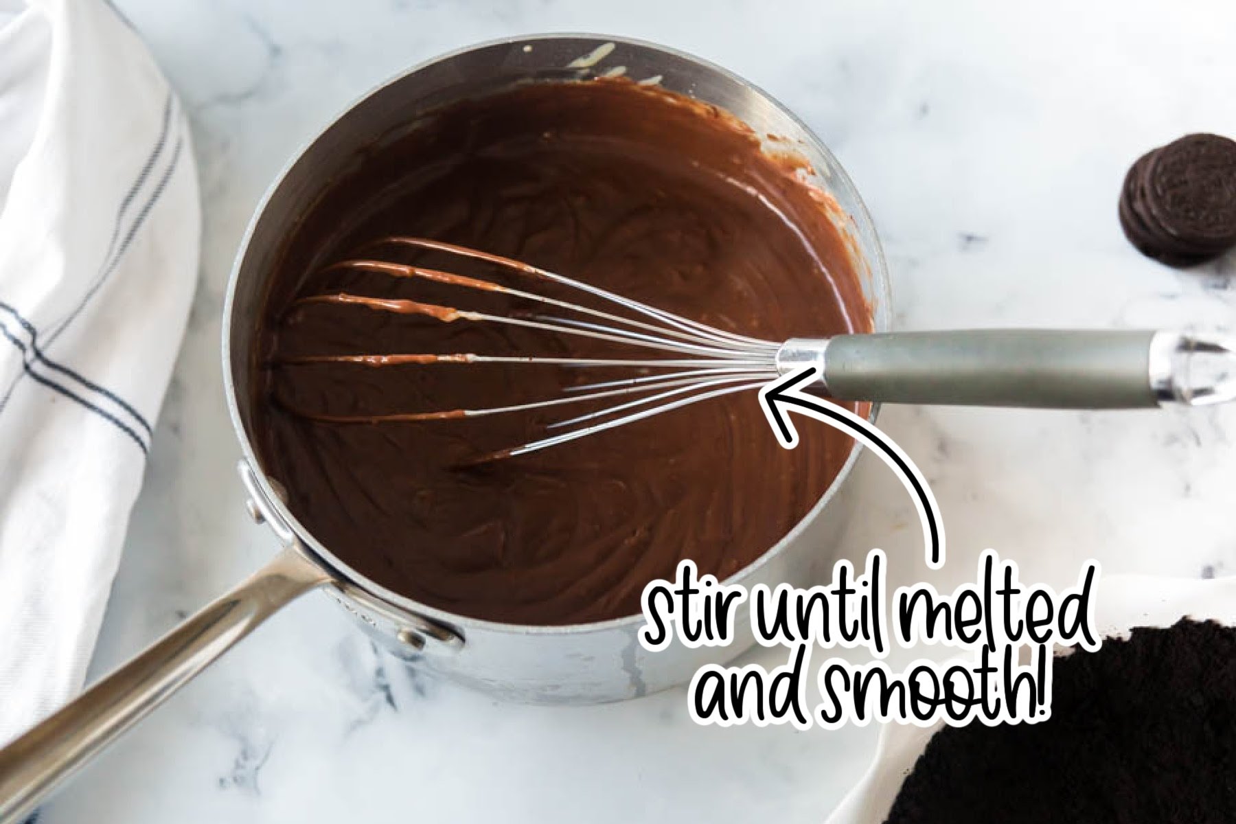 Whisking the chocolate custard mixture in saucepan and text "stir until melted and smooth."