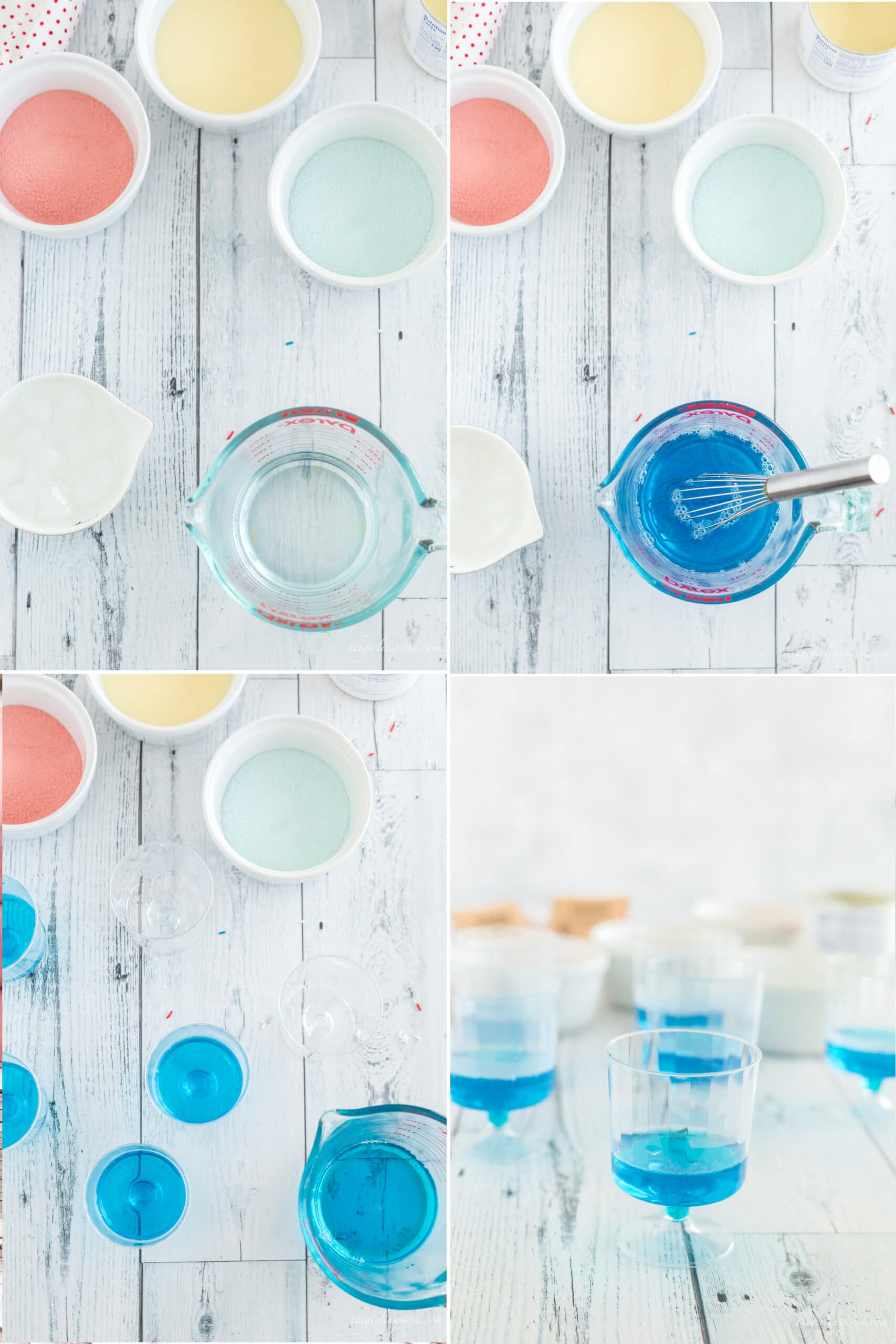 photo collage with steps to mix and pour blue jello into cups