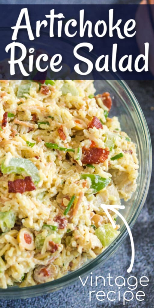 rice salad in clear glass bowl with text overlay