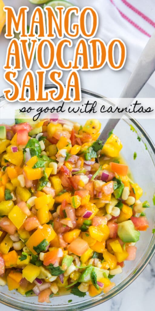 overhead photo of mango avocado salsa in clear glass bowl with text overlay