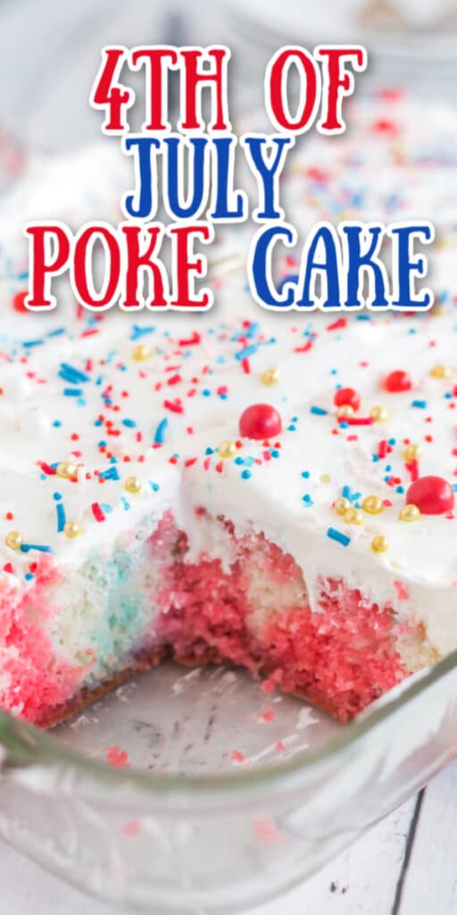 cut poke cake in glass pan with text overlay