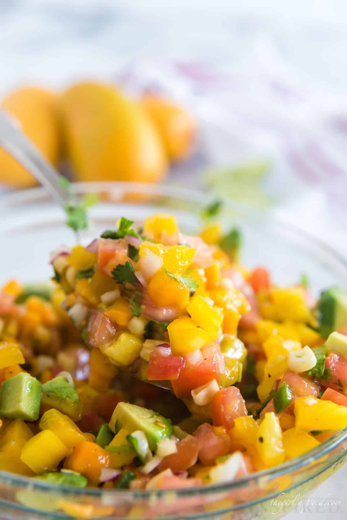 closeup spoonful of mango avocado salsa in glass bowl with whole mangos in background