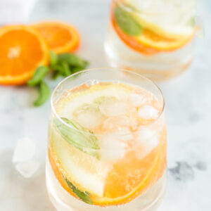 orange, lemon, and basil slices in glasses with ice and club soda