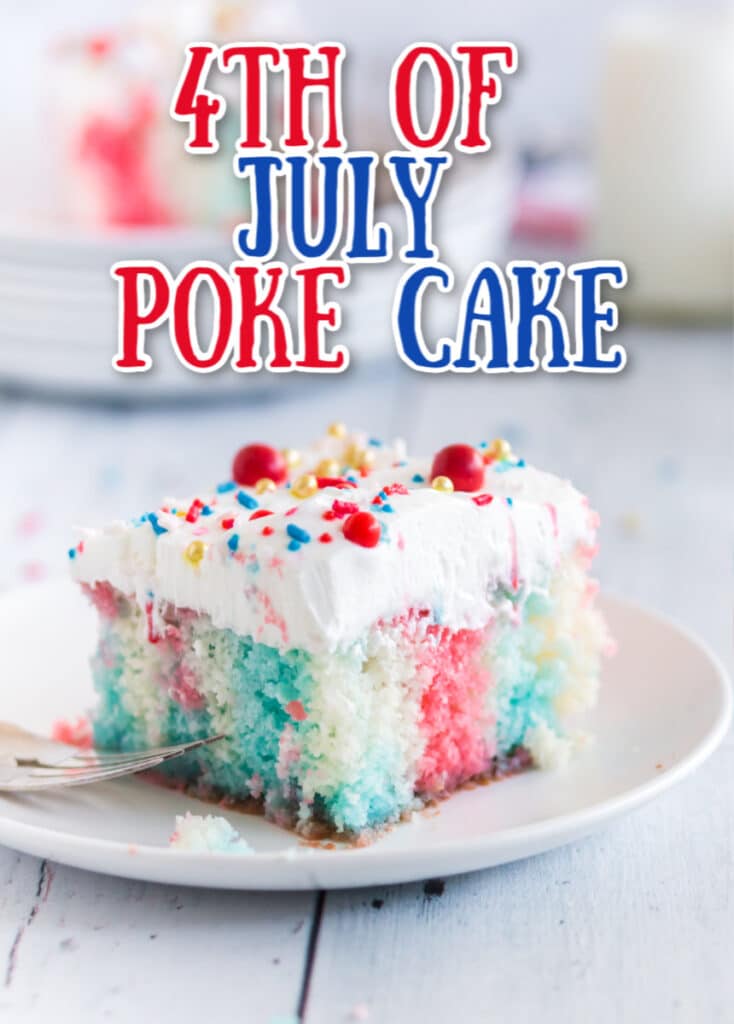 cut square of 4th of July poke cake on white plate with plate stack and milk in background