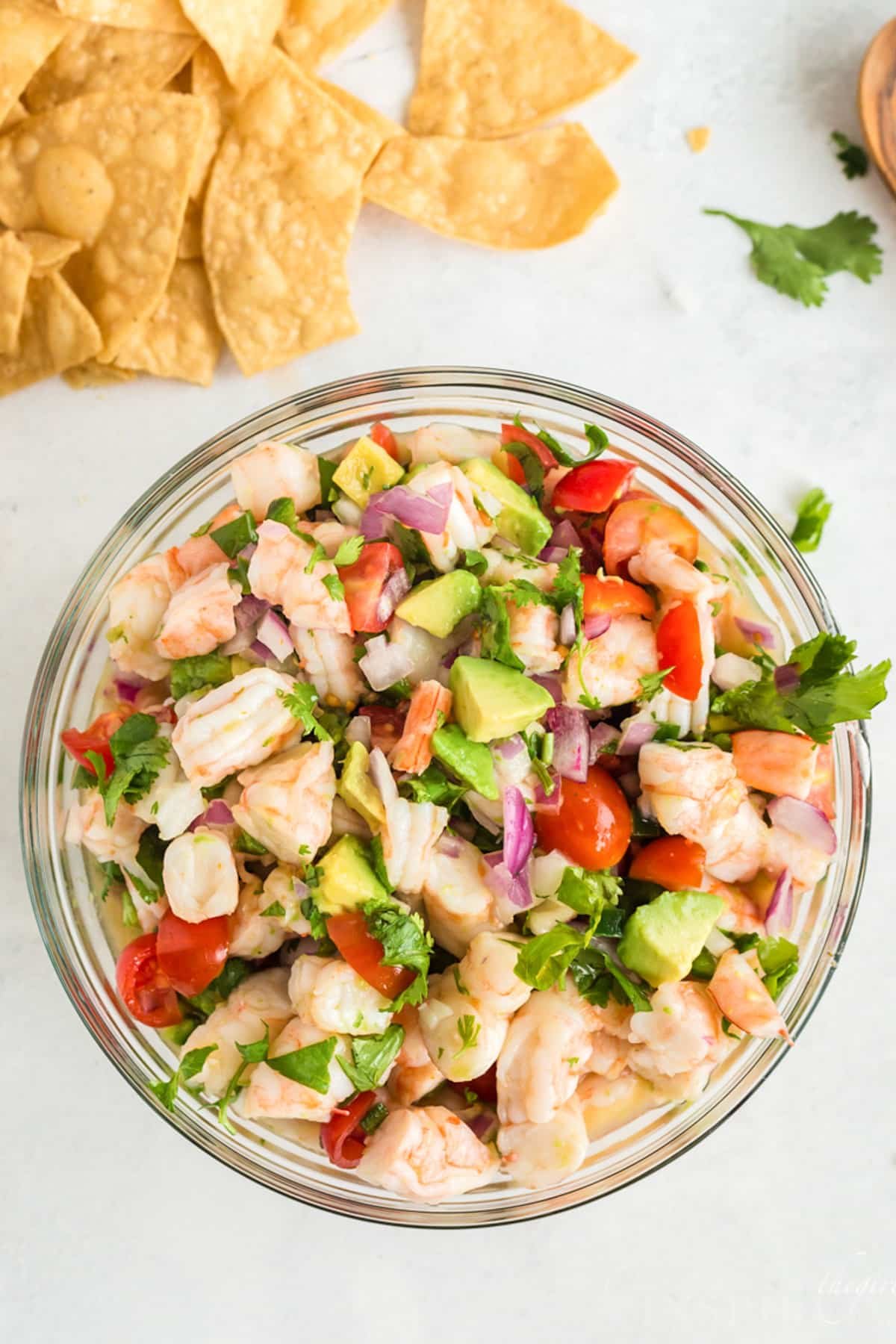 Overhead view of a bowl of shrimp ceviche.